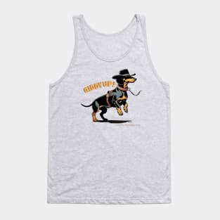 GIDDYUP! Black Tan Dachshund wearing cowboy hat & saddle Tank Top